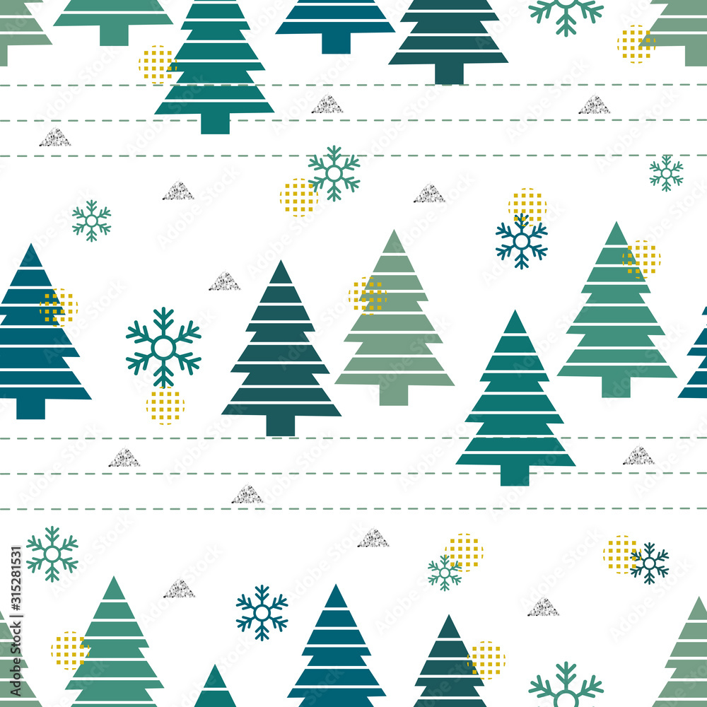 seamless green pine tree pattern on white background with snowflake