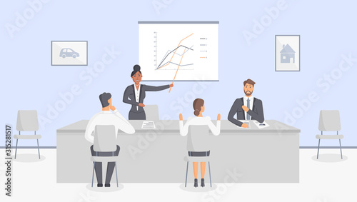 The office of the Bank or the insurance company: Bank employees sitting at a table at a production business meeting. Working moments of debriefing, summing up, decision-making.Vector illustration