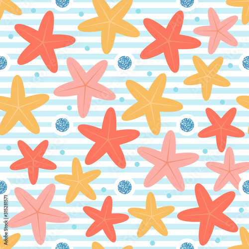seamless nature pattern on stripe background with colorful star fish and blue glitter bubble under the sea