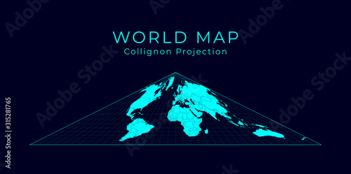 Map of The World. Collignon equal-area pseudocylindrical projection. Futuristic Infographic world illustration. Bright cyan colors on dark background. Neat vector illustration. photo