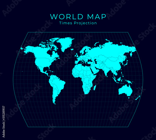 Map of The World. John Muir s Times projection. Futuristic Infographic world illustration. Bright cyan colors on dark background. Attractive vector illustration.