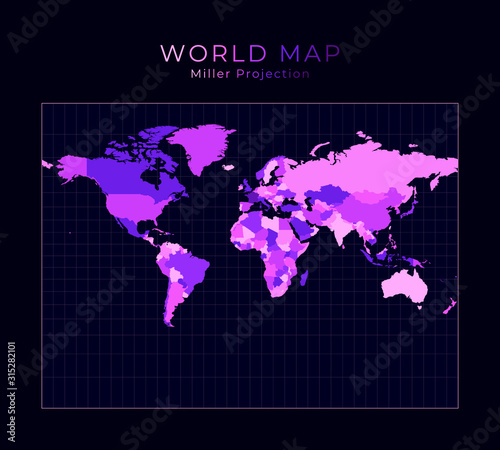 World Map. Miller cylindrical projection. Digital world illustration. Bright pink neon colors on dark background. Vibrant vector illustration.