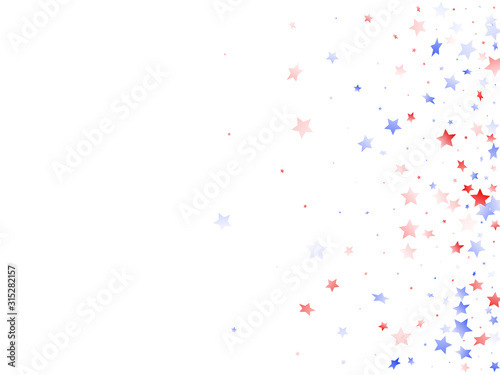 Flying red blue white star sparkles on white vector american patriotic background.