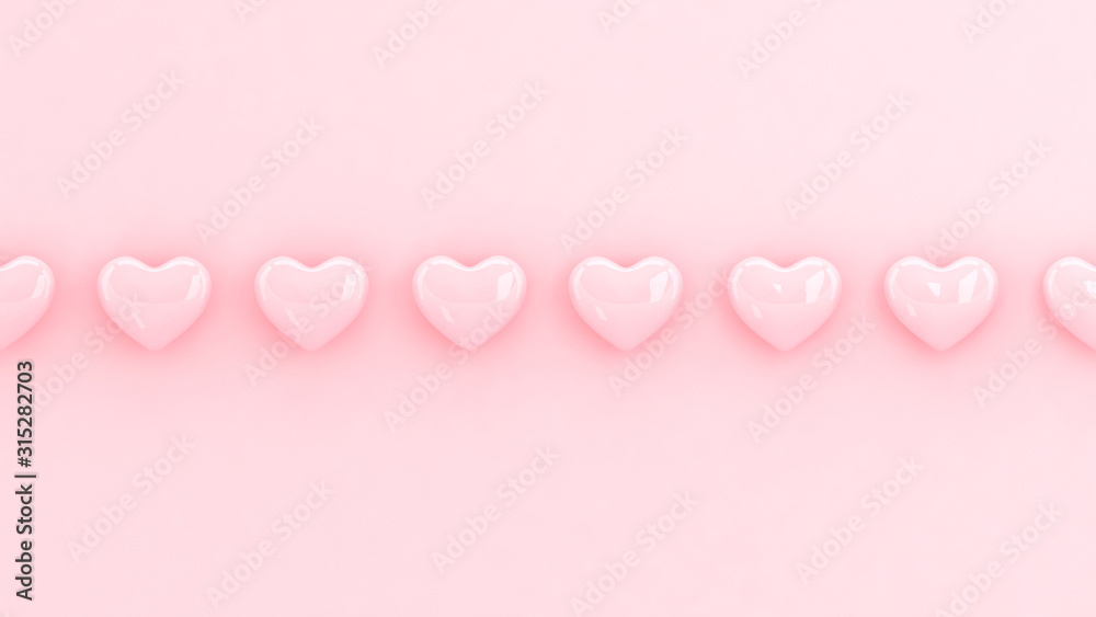 Hearts Valentines Day wallpaper. 3d illustration. Love, wedding, engagement, marriage celebration. Romantic poster. Pastel pink love. Minimal style hearts background.