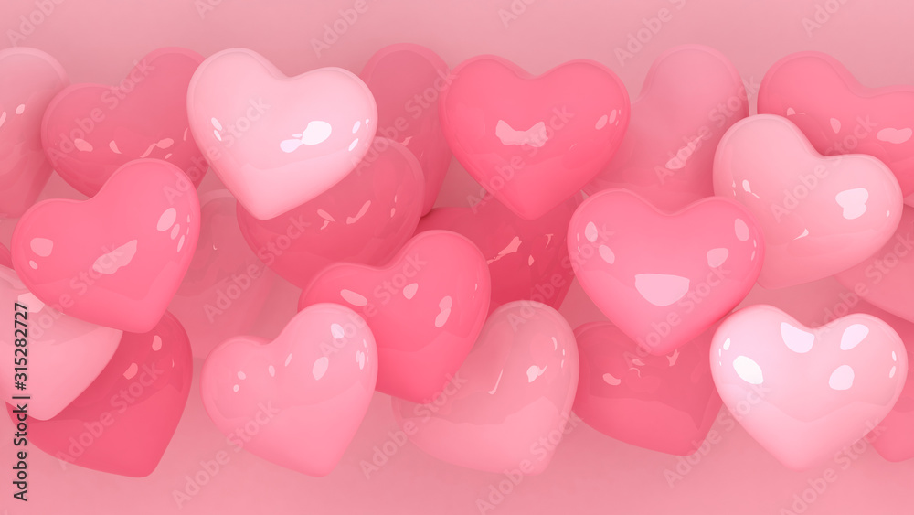 Hearts background. Valentines day wallpaper. 3d illustration. Love, wedding, engagement, marriage celebration. Romantic poster. Pastel pink love.