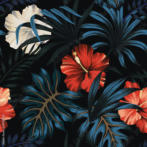 Tropical vintage Hawaiian night, dark blue palm leaves, red and white hibiscus flower floral seamless pattern black background. Exotic jungle wallpaper.