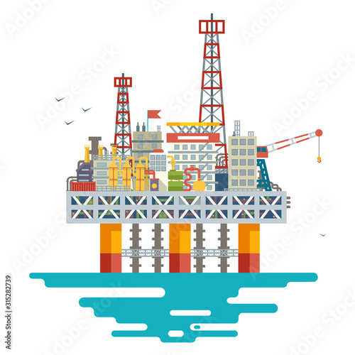 Offshore platform oil production colloquially rig mineral ocean sea extraction flat design vector illustration