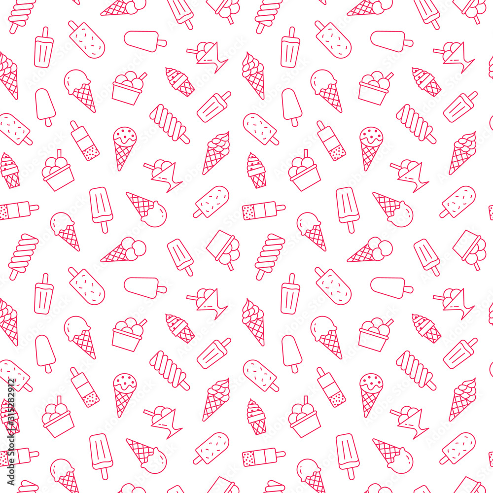 Ice cream background, sweet food seamless pattern. Vanilla icecream, frozen yogurt, popsicle lolly line icons. Summer dessert colorful vector illustration pink white color Ice cream background, sweet food seamless pattern. Vanilla icecream, frozen yogurt, popsicle lolly line icons. Summer dessert colorful vector illustration pink white color