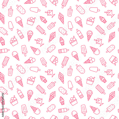 Ice cream background, sweet food seamless pattern. Vanilla icecream, frozen yogurt, popsicle lolly line icons. Summer dessert colorful vector illustration pink white color