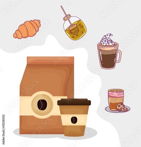 paper bag and takeaway cup croissant honey fresh beverage coffee time