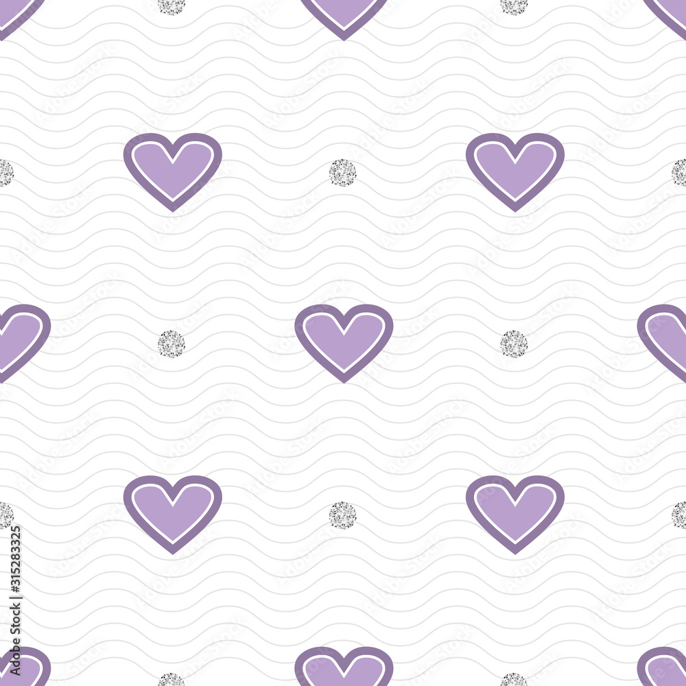 seamless sweet pattern on stripe background with violet heart and silver dot glitter traiangle