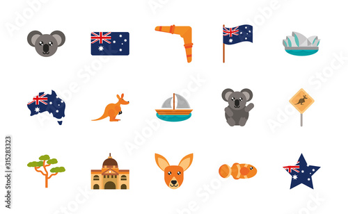 australia animal things famous sites icons set on white background
