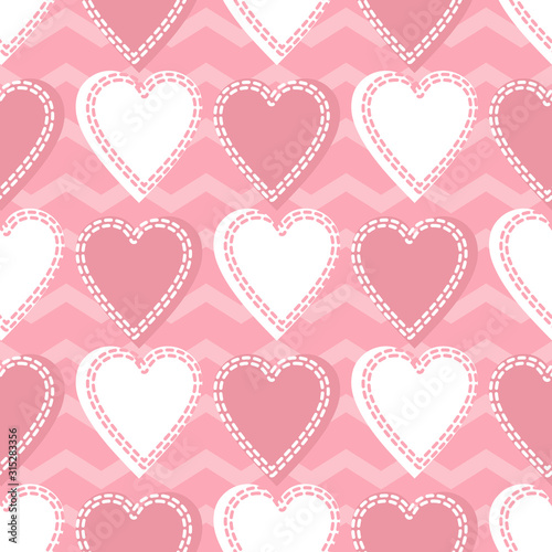 seamless sweet valentine pattern on zigzag background with pink hand drawn heart