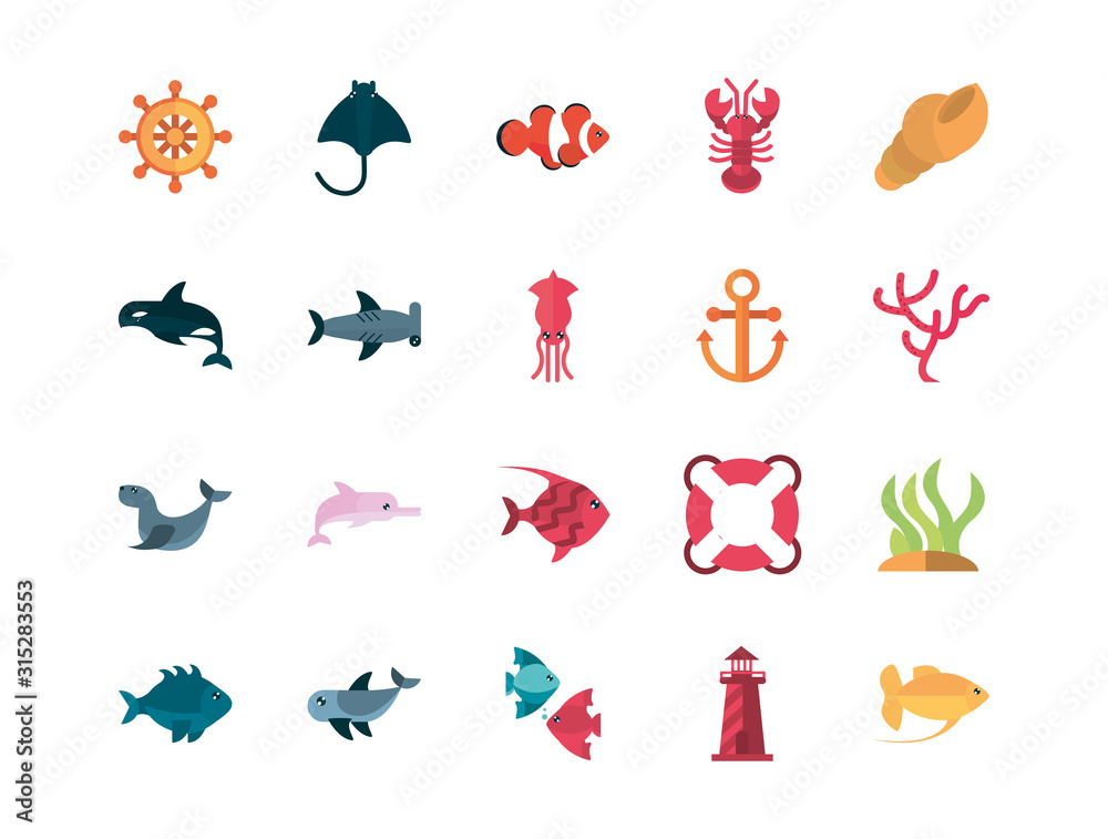 marine life, cartoon sea fauna animal set