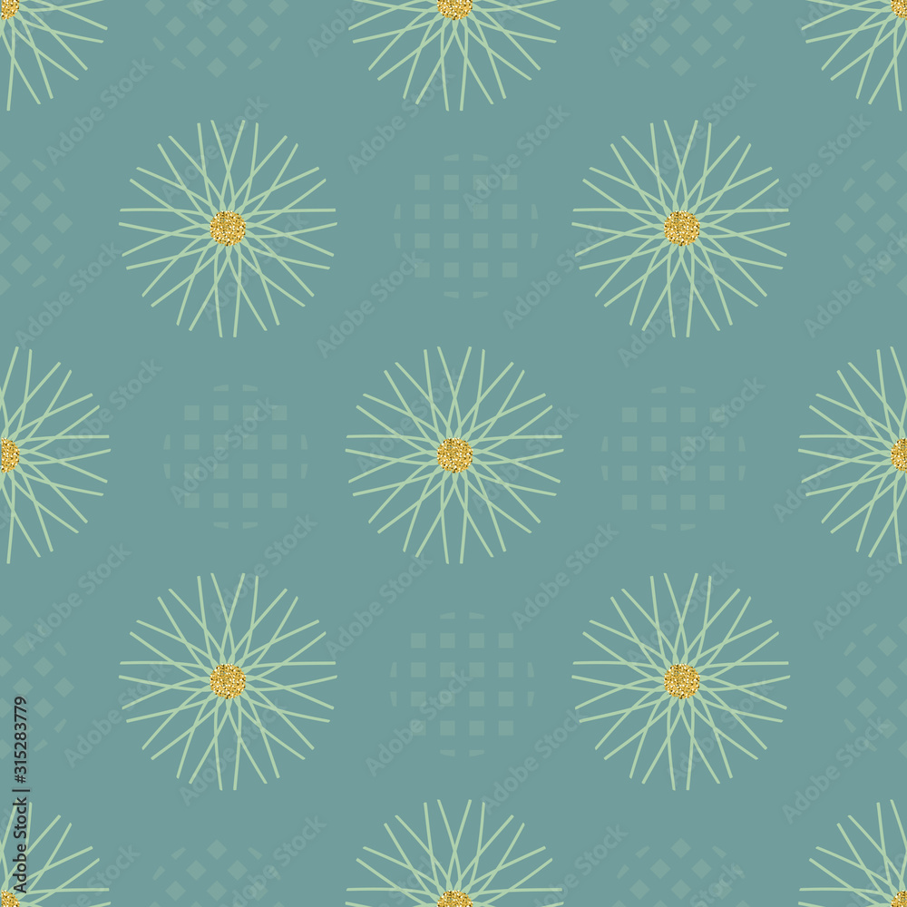seamless gold glitter flower pattern on green background