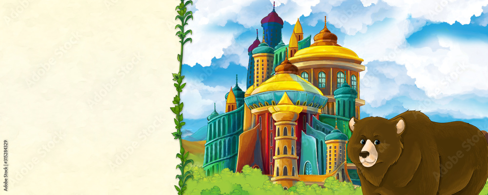 Cartoon nature scene with beautiful castle near the forest with bear - illustration