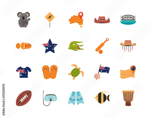 australia animal things famous sites icons set on white background