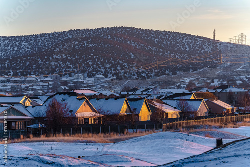 Cozy American town in the valley in winter