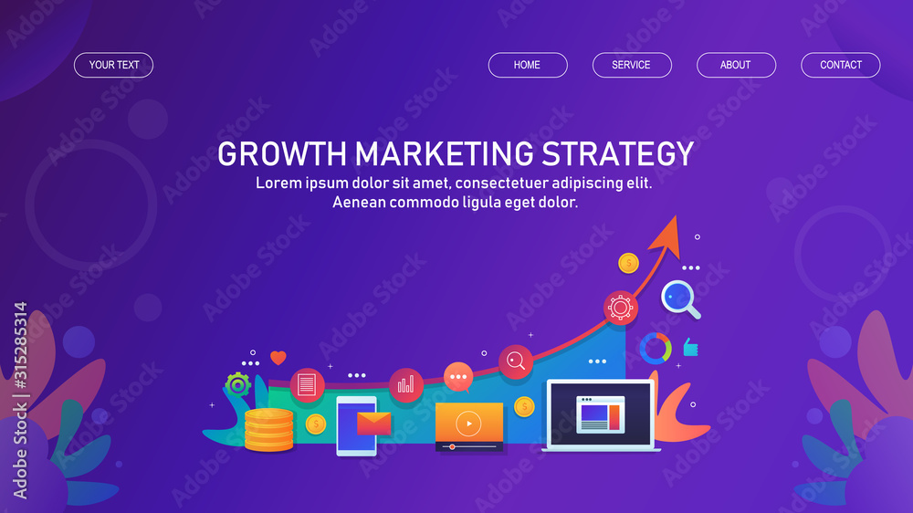 Business analysis and marketing strategy, increasing financial and sales growth of a company, growth marketing concept. Web banner and landing page template.