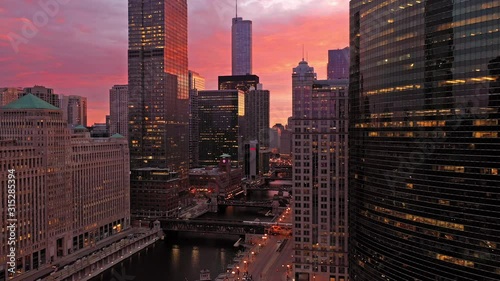 Chicago river aerial view colorful sunrise photo
