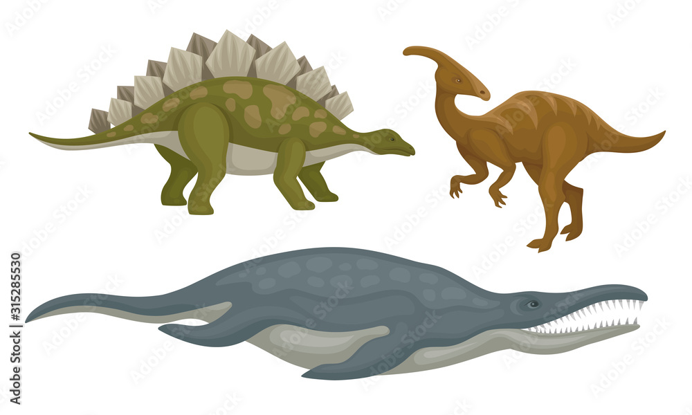 Fototapeta premium Prehistoric Dinosaurs Animals with Sharp Teeth and Tails Vector Set