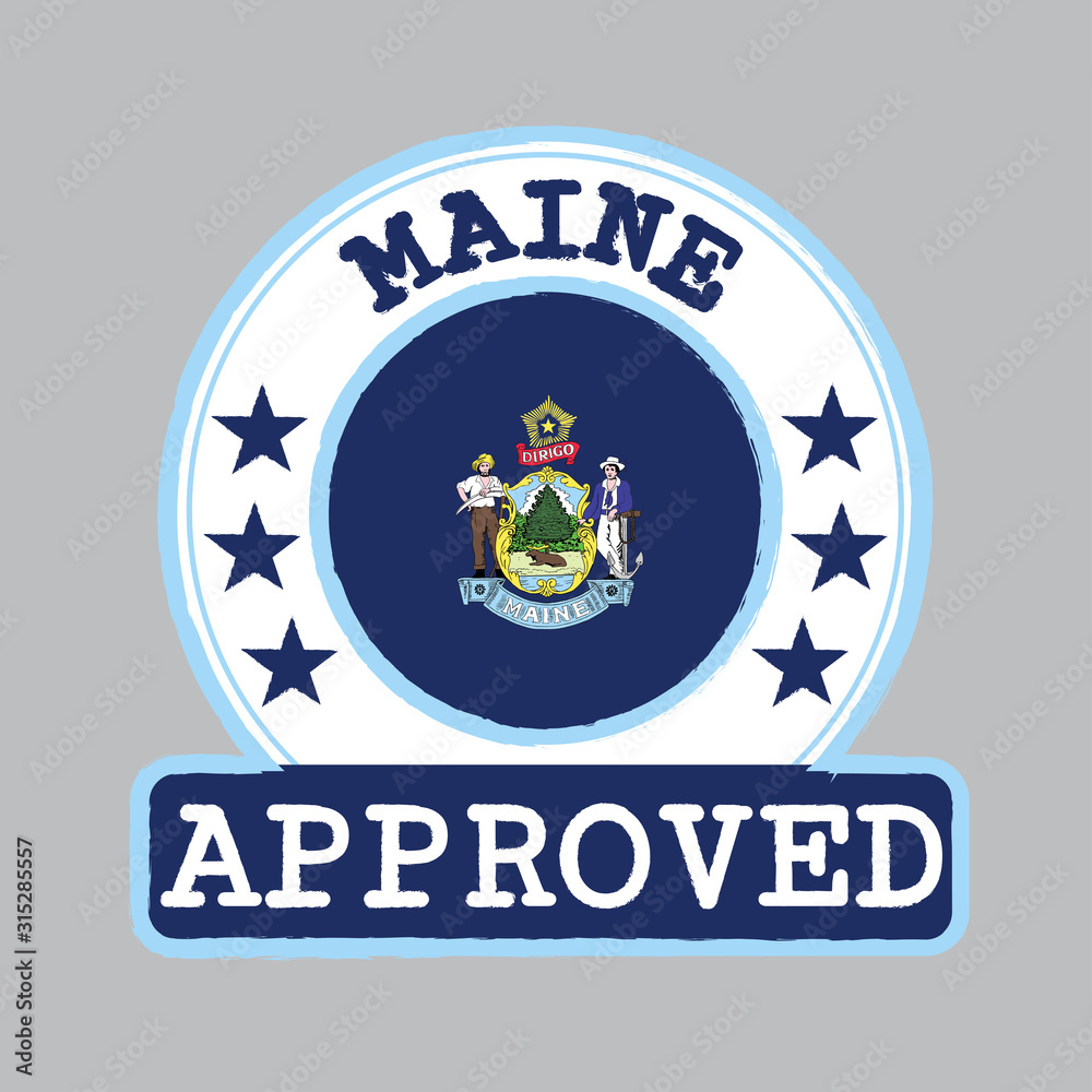 Vector Stamp of Approved logo with Maine flag in the round shape on the center.