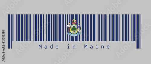 Barcode set the color of Maine flag. Maine coat of arms defacing blue field. text: Made in Maine. Concept of sale.