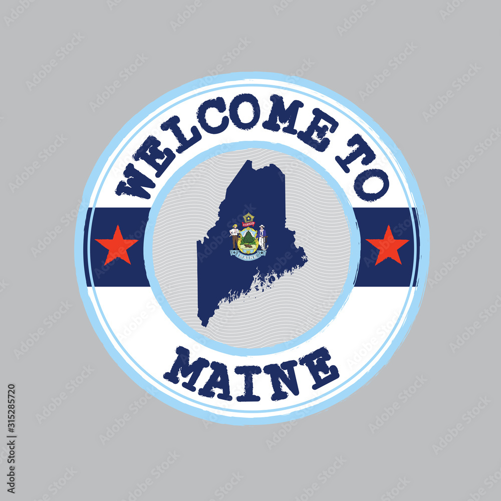 Vector stamp of welcome to Maine with map outline of the state in center.