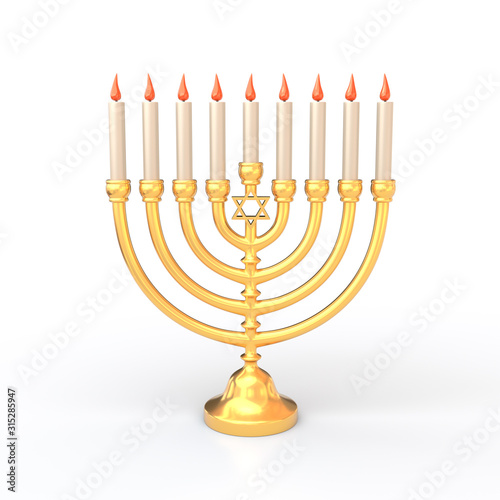 Golden Hanukkah Menorah with candles 3d illustration