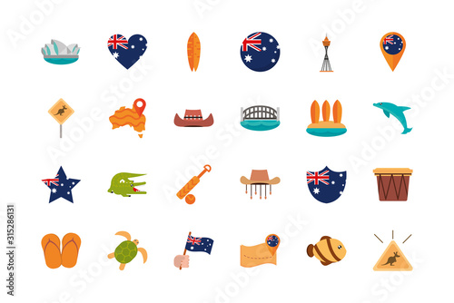 australia animal things famous sites icons set on white background