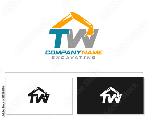 Initial T W TW excavator logo concept vector with arm excavator template vector.