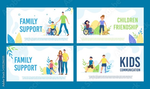 Disabled Child Family Support, Friendship Relationships, Healthy, Active Lifestyle Trendy Flat Vector Banners, Posters Templates Set. Disabled Kids Resting Outdoor with Parents and Friend Illustration © TeraVector