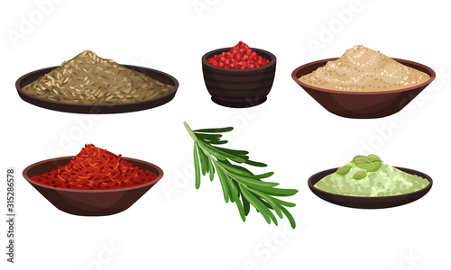 Heaps of Different Spices and Condiments Poured in Bowl Vector Set