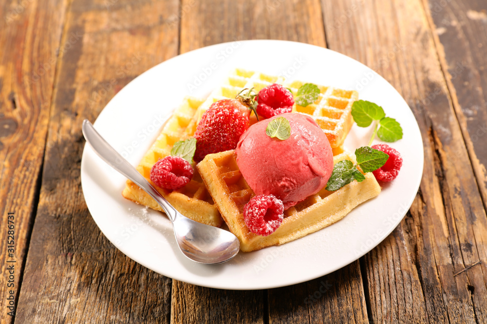 waffle with fruit and ice cream in plate waffle with fruit and ice cream in plate