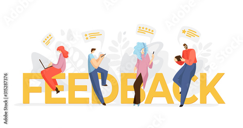 Feedback, survey vector flat concept with people, man and woman sitting on big rating stars, writing reviews and making comments about service or product. Rate Evaluation and testimonial, customer