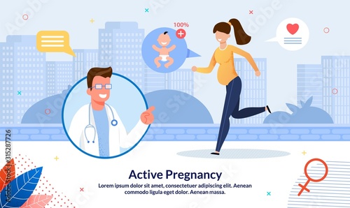 Active Pregnancy And Healthy Lifestyle Trendy Flat Vector Banner, Poster Template. Doctor Counseling Pregnant Woman, Lady Walking or Jogging, Doing Exercises, Preparing To Maternity Illustration