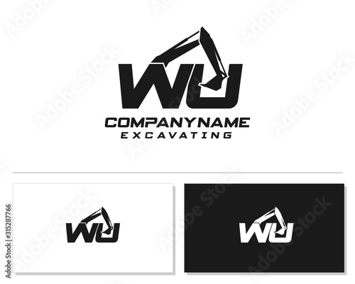Initial W U WU excavator logo concept vector with arm excavator template vector.
