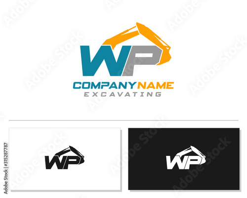 Initial W P WP excavator logo concept vector with arm excavator template vector.