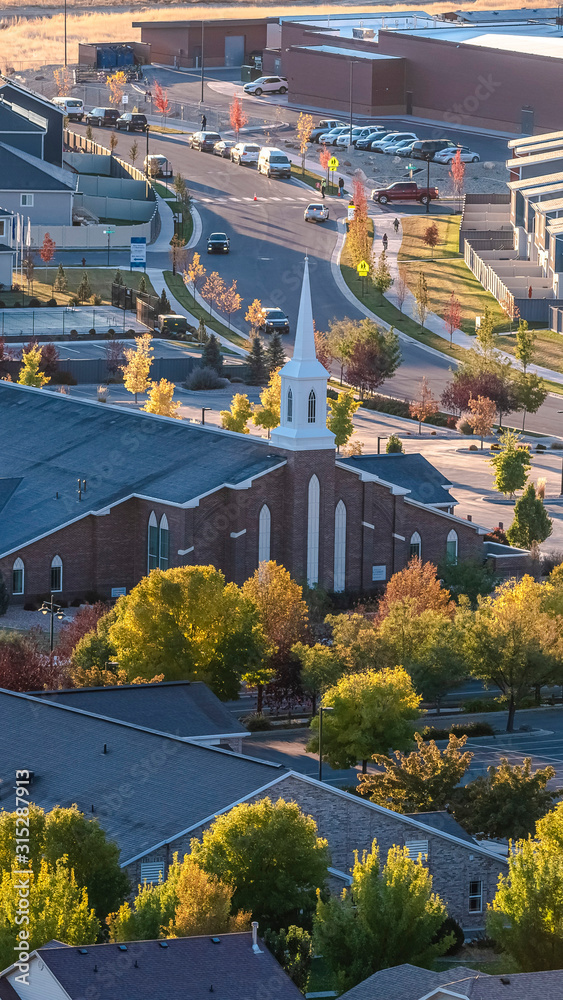 Vertical Large church complex in a modern housing estate