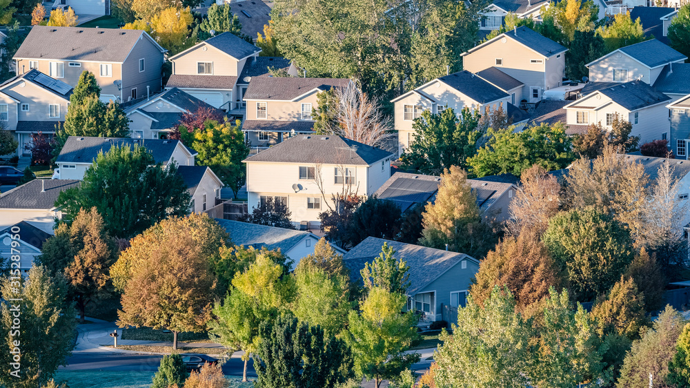 Panorama frame Rooftop view of a modern housing estate with trees Panorama frame Rooftop view of a modern housing estate with trees