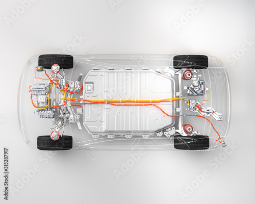 Modern electric car chassis x-ray  top down view vehicle battery in studio environment line art 3d render
