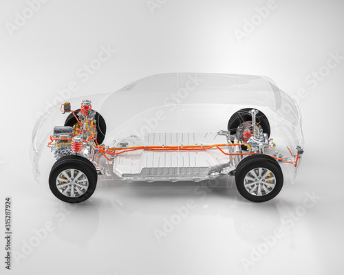 Modern electric car chassis x-ray vehicle battery in studio environment line art 3d illustration