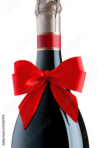 Closeup part of an unopened champagne bottle with a big red bow made of silk ribbon on the neck isolated on a white background.