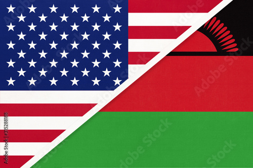 USA vs Malawi national flag from textile. Relationship between two american and african countries.