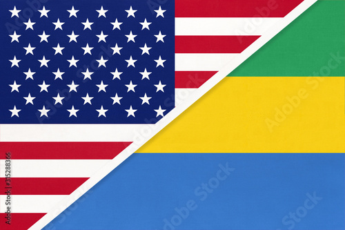 USA vs Gabon national flag from textile. Relationship between two american and african countries.