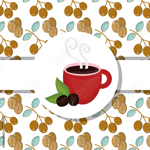 hot cup and seeds fresh beverage coffee time label