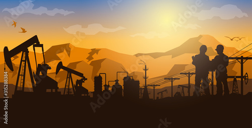  Oil rig industry silhouettes background,Vector illustration. 