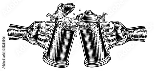 Hands holding two beer stein German Oktoberfest pint tankard mugs performing a cheers gesture in a retro vintage intaglio woodcut engraved style