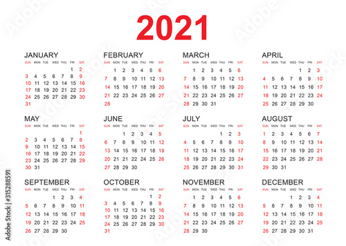 Calendar 2021 vector template, simple minimal design, Yearly calendar organizer for weeks, Set of 12 calendar, advertisement, printing.