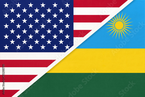 USA vs Rwanda national flag from textile. Relationship between two american and african countries.